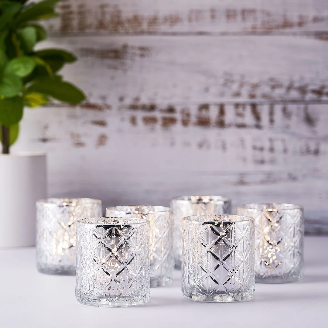 HIER_4320 6 Pack | 3" Shiny Silver Mercury Glass Candle Holders, Votive Tealight Holders - Geometric Design Chargers & Centerpieces 8 HIER_4320 6 Pack | 3" Shiny Silver Mercury Glass Candle Holders, Votive Tealight Holders - Geometric Design Chargers & Centerpieces