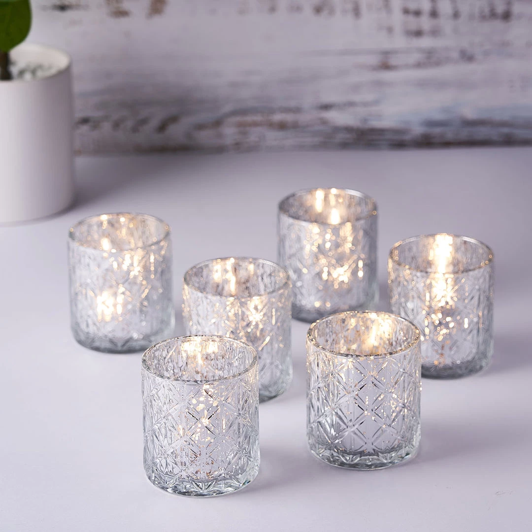HIER_4320 6 Pack | 3" Shiny Silver Mercury Glass Candle Holders, Votive Tealight Holders - Geometric Design Chargers & Centerpieces 1 HIER_4320 6 Pack | 3" Shiny Silver Mercury Glass Candle Holders, Votive Tealight Holders - Geometric Design Chargers & Centerpieces