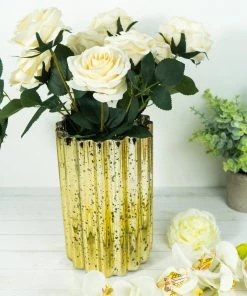 HIER_4810 9" Gold Mercury Glass Hurricane Candle Holder, Cylinder Pillar Vase - Wavy Column Design Chargers & Centerpieces