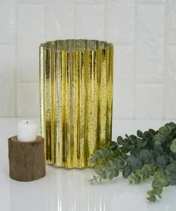 HIER_4810 9" Gold Mercury Glass Hurricane Candle Holder, Cylinder Pillar Vase - Wavy Column Design Chargers & Centerpieces