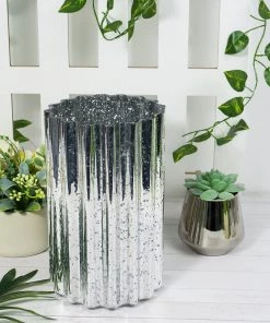 HIER_4810 Chargers & Centerpieces 9" Silver Mercury Glass Hurricane Candle Holder, Cylinder Pillar Vase - Wavy Column Design