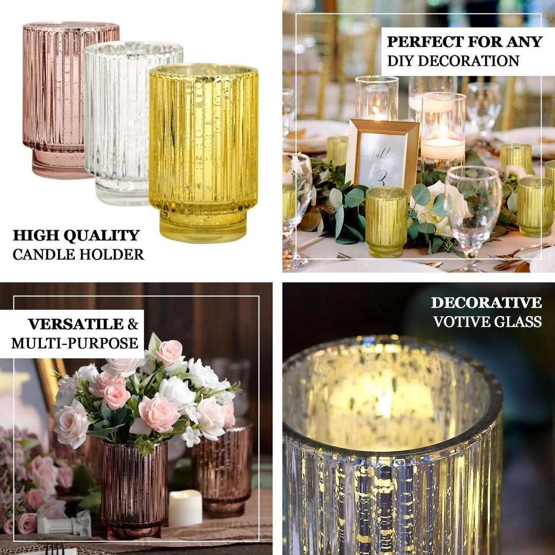 HIER_4320 3 Pack | 5" Gold Mercury Glass Votive Hurricane Candle Holder, Pillar Vase - Wavy Column Design Chargers & Centerpieces 4 HIER_4320 3 Pack | 5" Gold Mercury Glass Votive Hurricane Candle Holder, Pillar Vase - Wavy Column Design Chargers & Centerpieces