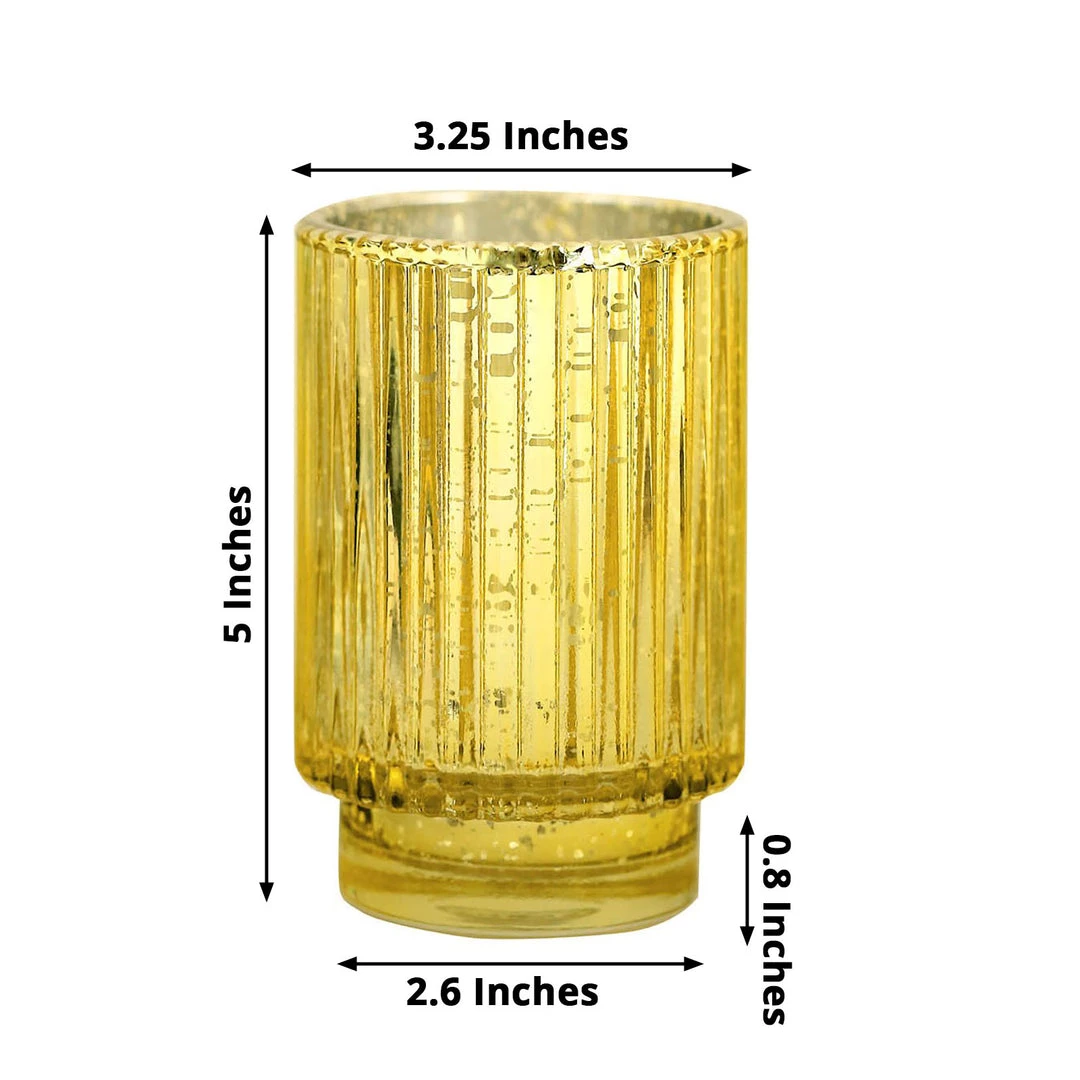 HIER_4320 3 Pack | 5" Gold Mercury Glass Votive Hurricane Candle Holder, Pillar Vase - Wavy Column Design Chargers & Centerpieces 3 HIER_4320 3 Pack | 5" Gold Mercury Glass Votive Hurricane Candle Holder, Pillar Vase - Wavy Column Design Chargers & Centerpieces