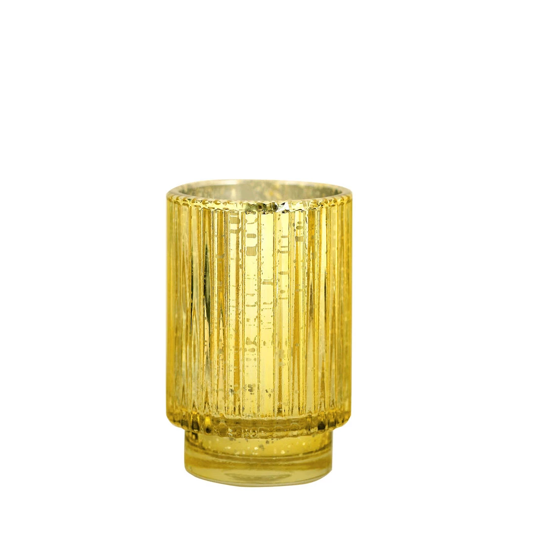 HIER_4320 3 Pack | 5" Gold Mercury Glass Votive Hurricane Candle Holder, Pillar Vase - Wavy Column Design Chargers & Centerpieces 12 HIER_4320 3 Pack | 5" Gold Mercury Glass Votive Hurricane Candle Holder, Pillar Vase - Wavy Column Design Chargers & Centerpieces