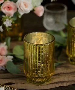 HIER_4320 3 Pack | 5" Gold Mercury Glass Votive Hurricane Candle Holder, Pillar Vase - Wavy Column Design Chargers & Centerpieces