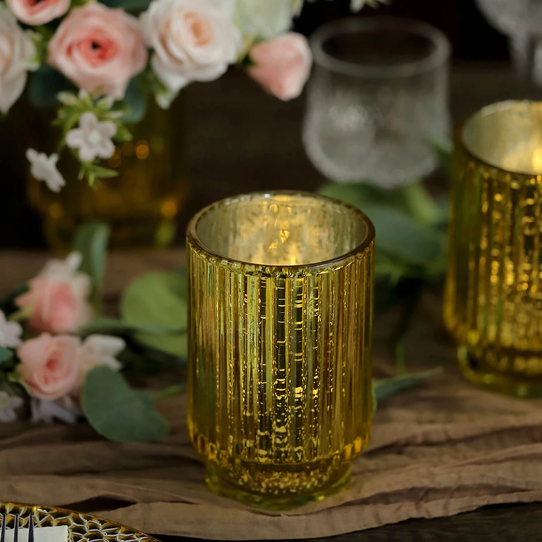 HIER_4320 3 Pack | 5" Gold Mercury Glass Votive Hurricane Candle Holder, Pillar Vase - Wavy Column Design Chargers & Centerpieces 2 HIER_4320 3 Pack | 5" Gold Mercury Glass Votive Hurricane Candle Holder, Pillar Vase - Wavy Column Design Chargers & Centerpieces