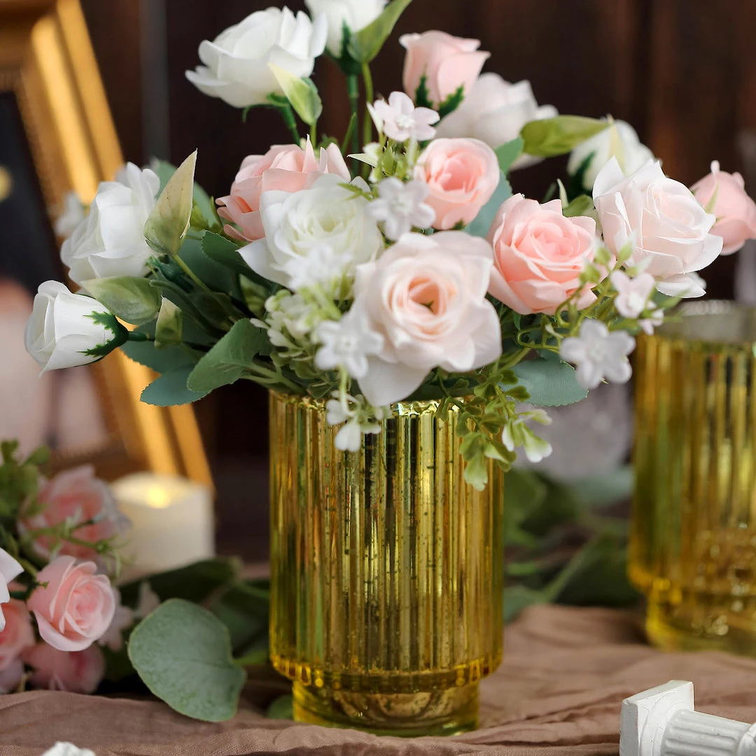 HIER_4320 3 Pack | 5" Gold Mercury Glass Votive Hurricane Candle Holder, Pillar Vase - Wavy Column Design Chargers & Centerpieces 6 HIER_4320 3 Pack | 5" Gold Mercury Glass Votive Hurricane Candle Holder, Pillar Vase - Wavy Column Design Chargers & Centerpieces