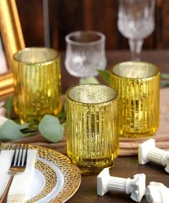 HIER_4320 3 Pack | 5" Gold Mercury Glass Votive Hurricane Candle Holder, Pillar Vase - Wavy Column Design Chargers & Centerpieces 19 HIER_4320 3 Pack | 5