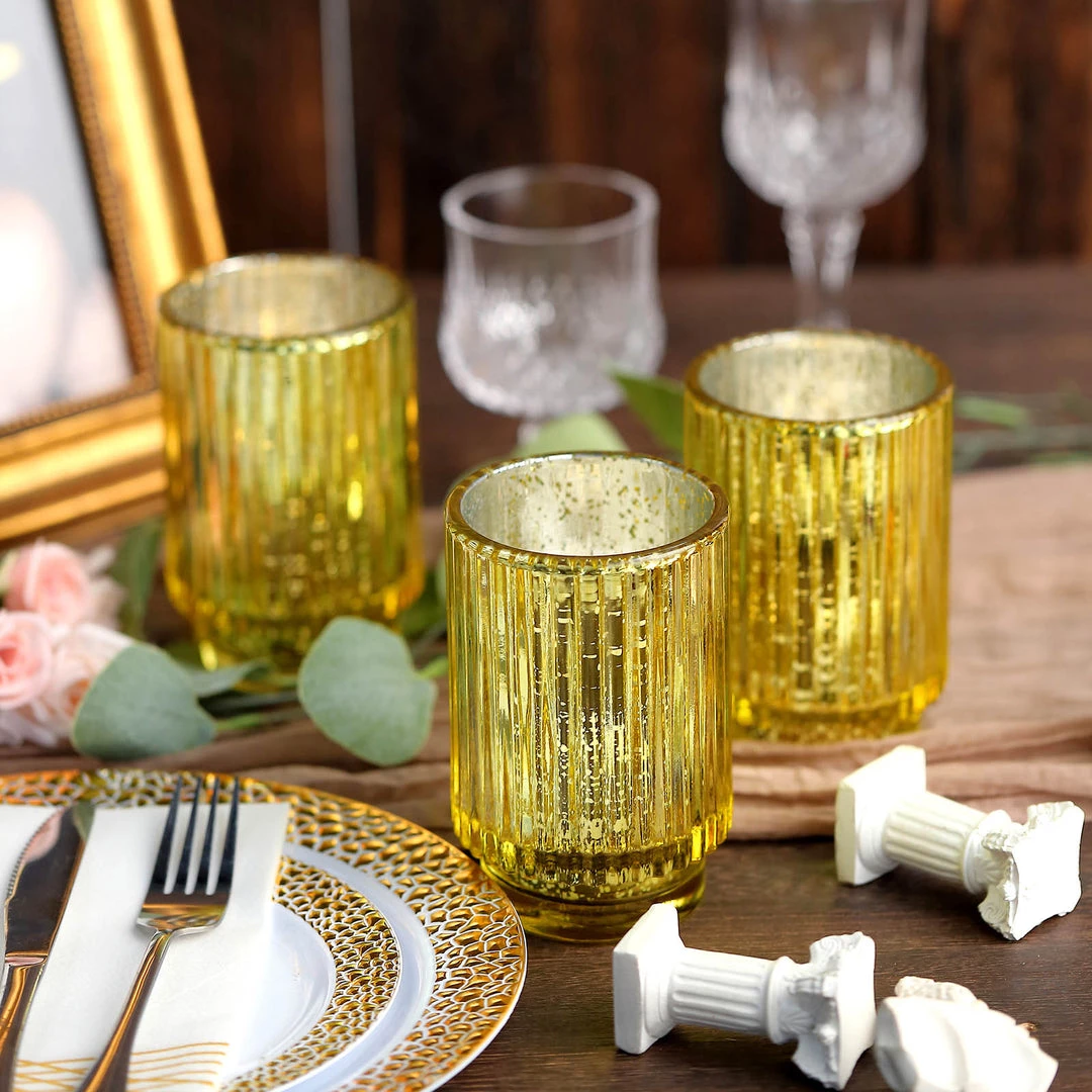 HIER_4320 3 Pack | 5" Gold Mercury Glass Votive Hurricane Candle Holder, Pillar Vase - Wavy Column Design Chargers & Centerpieces 7 HIER_4320 3 Pack | 5" Gold Mercury Glass Votive Hurricane Candle Holder, Pillar Vase - Wavy Column Design Chargers & Centerpieces