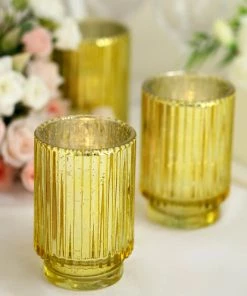 HIER_4320 3 Pack | 5" Gold Mercury Glass Votive Hurricane Candle Holder, Pillar Vase - Wavy Column Design Chargers & Centerpieces 20 HIER_4320 3 Pack | 5