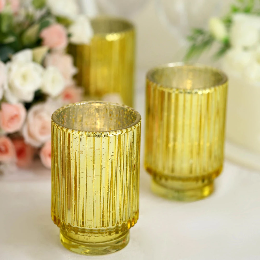 HIER_4320 3 Pack | 5" Gold Mercury Glass Votive Hurricane Candle Holder, Pillar Vase - Wavy Column Design Chargers & Centerpieces 8 HIER_4320 3 Pack | 5" Gold Mercury Glass Votive Hurricane Candle Holder, Pillar Vase - Wavy Column Design Chargers & Centerpieces