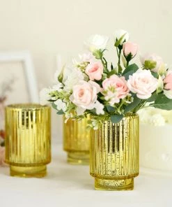 HIER_4320 3 Pack | 5" Gold Mercury Glass Votive Hurricane Candle Holder, Pillar Vase - Wavy Column Design Chargers & Centerpieces 21 HIER_4320 3 Pack | 5