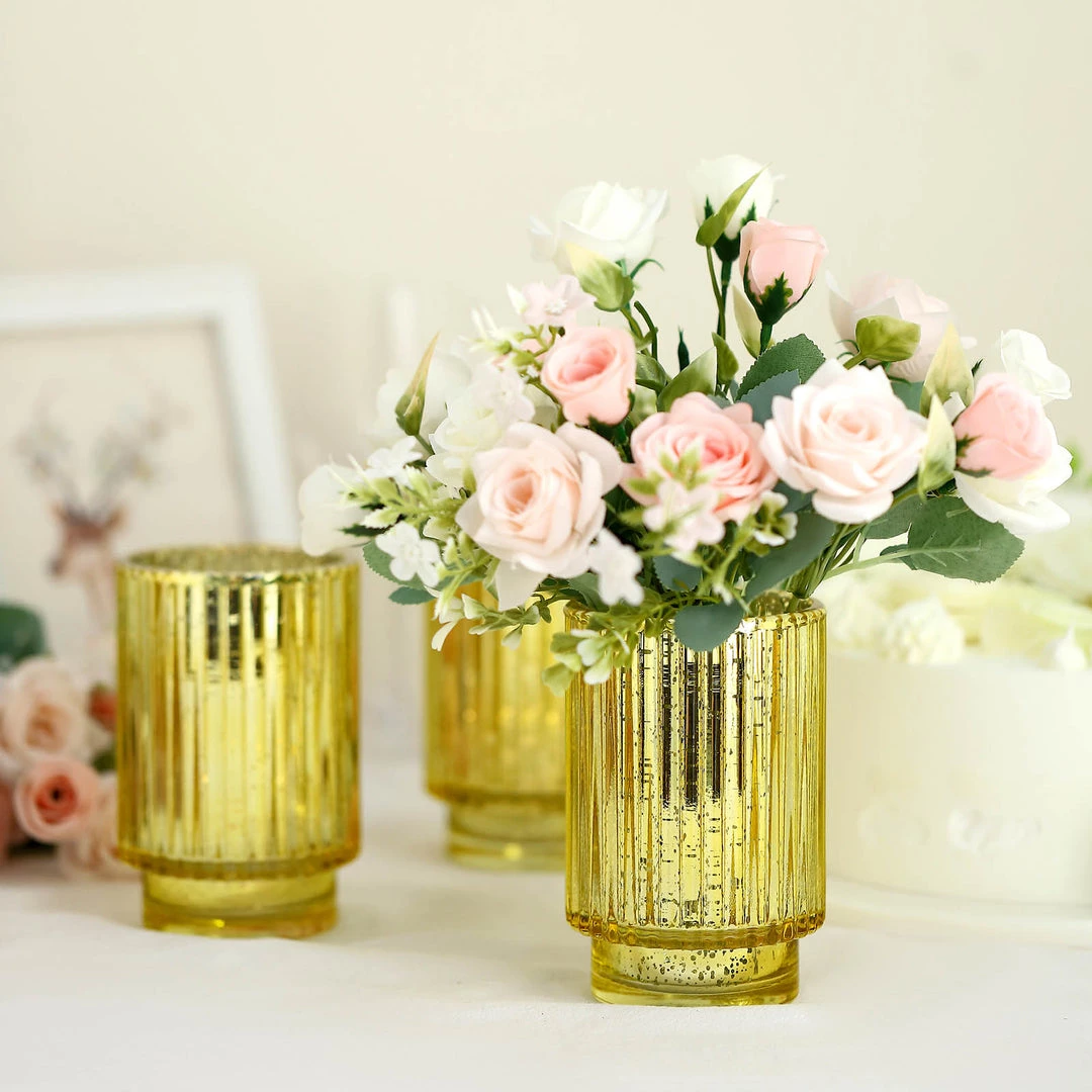 HIER_4320 3 Pack | 5" Gold Mercury Glass Votive Hurricane Candle Holder, Pillar Vase - Wavy Column Design Chargers & Centerpieces 9 HIER_4320 3 Pack | 5" Gold Mercury Glass Votive Hurricane Candle Holder, Pillar Vase - Wavy Column Design Chargers & Centerpieces