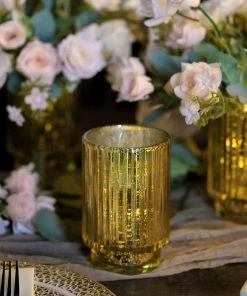 HIER_4320 3 Pack | 5" Gold Mercury Glass Votive Hurricane Candle Holder, Pillar Vase - Wavy Column Design Chargers & Centerpieces 22 HIER_4320 3 Pack | 5