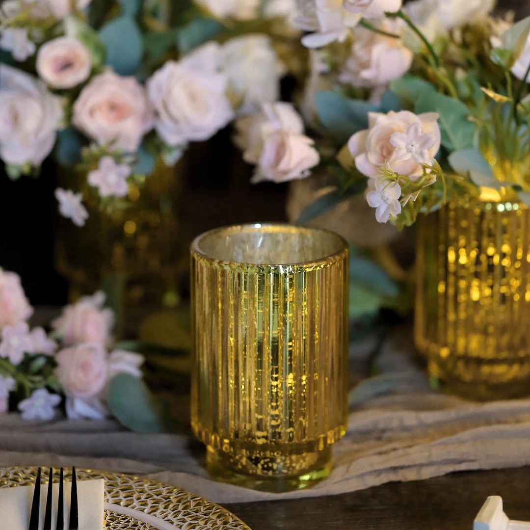 HIER_4320 3 Pack | 5" Gold Mercury Glass Votive Hurricane Candle Holder, Pillar Vase - Wavy Column Design Chargers & Centerpieces 10 HIER_4320 3 Pack | 5" Gold Mercury Glass Votive Hurricane Candle Holder, Pillar Vase - Wavy Column Design Chargers & Centerpieces