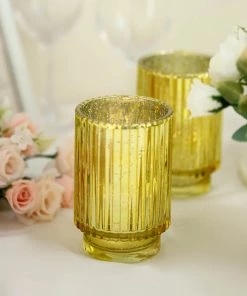HIER_4320 3 Pack | 5" Gold Mercury Glass Votive Hurricane Candle Holder, Pillar Vase - Wavy Column Design Chargers & Centerpieces 23 HIER_4320 3 Pack | 5