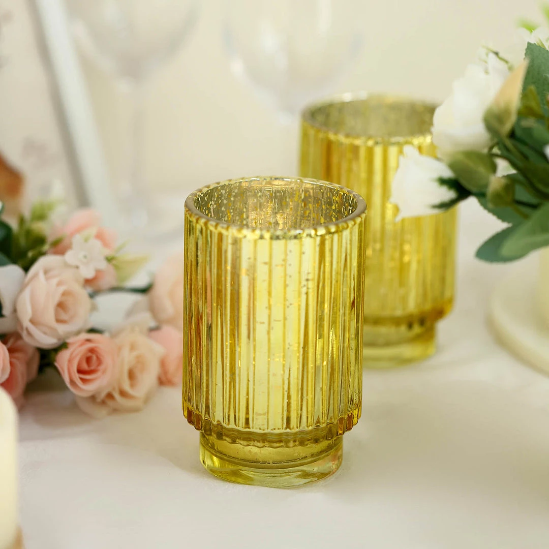 HIER_4320 3 Pack | 5" Gold Mercury Glass Votive Hurricane Candle Holder, Pillar Vase - Wavy Column Design Chargers & Centerpieces 11 HIER_4320 3 Pack | 5" Gold Mercury Glass Votive Hurricane Candle Holder, Pillar Vase - Wavy Column Design Chargers & Centerpieces