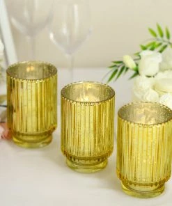 HIER_4320 3 Pack | 5" Gold Mercury Glass Votive Hurricane Candle Holder, Pillar Vase - Wavy Column Design Chargers & Centerpieces 17 HIER_4320 3 Pack | 5