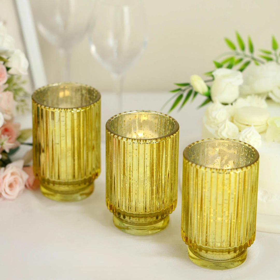HIER_4320 3 Pack | 5" Gold Mercury Glass Votive Hurricane Candle Holder, Pillar Vase - Wavy Column Design Chargers & Centerpieces 5 HIER_4320 3 Pack | 5" Gold Mercury Glass Votive Hurricane Candle Holder, Pillar Vase - Wavy Column Design Chargers & Centerpieces