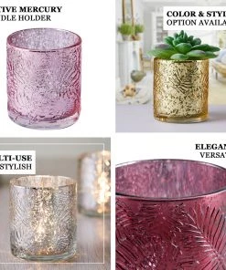 HIER_4320 6 Pack | Burgundy Mercury Glass Palm Leaf Candle Holders, Votive Tealight Holders Chargers & Centerpieces