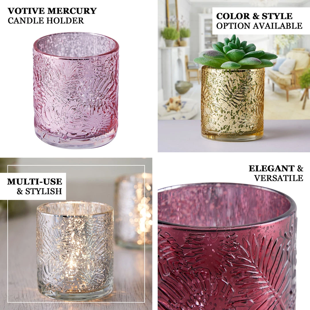 HIER_4320 6 Pack | Blush/Rose Gold Mercury Glass Candle Holders, Votive Tealight Holders With Palm Leaf Design 4 HIER_4320 6 Pack | Blush/Rose Gold Mercury Glass Candle Holders, Votive Tealight Holders With Palm Leaf Design