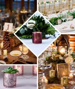 HIER_4320 6 Pack | Burgundy Mercury Glass Palm Leaf Candle Holders, Votive Tealight Holders Chargers & Centerpieces