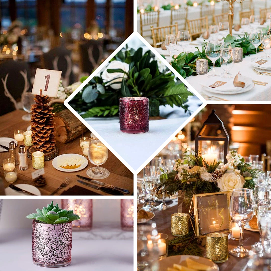 HIER_4320 6 Pack | Blush/Rose Gold Mercury Glass Candle Holders, Votive Tealight Holders With Palm Leaf Design 5 HIER_4320 6 Pack | Blush/Rose Gold Mercury Glass Candle Holders, Votive Tealight Holders With Palm Leaf Design