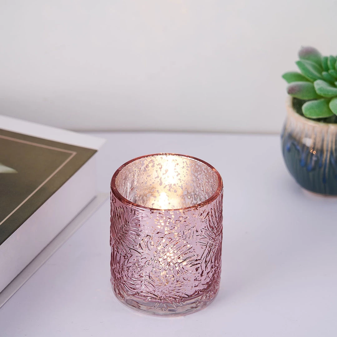 HIER_4320 6 Pack | Blush/Rose Gold Mercury Glass Candle Holders, Votive Tealight Holders With Palm Leaf Design 8 HIER_4320 6 Pack | Blush/Rose Gold Mercury Glass Candle Holders, Votive Tealight Holders With Palm Leaf Design