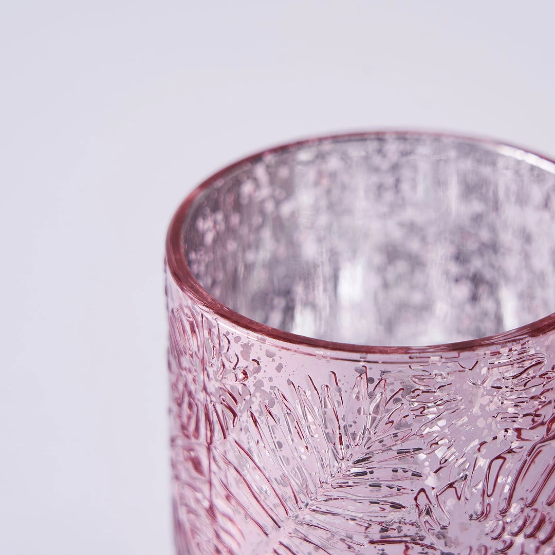 HIER_4320 6 Pack | Blush/Rose Gold Mercury Glass Candle Holders, Votive Tealight Holders With Palm Leaf Design 10 HIER_4320 6 Pack | Blush/Rose Gold Mercury Glass Candle Holders, Votive Tealight Holders With Palm Leaf Design