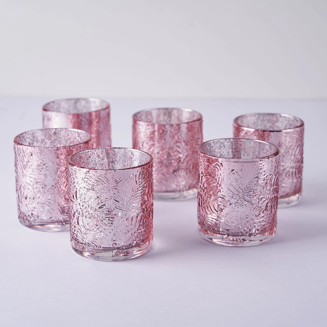 HIER_4320 6 Pack | Blush/Rose Gold Mercury Glass Candle Holders, Votive Tealight Holders With Palm Leaf Design 11 HIER_4320 6 Pack | Blush/Rose Gold Mercury Glass Candle Holders, Votive Tealight Holders With Palm Leaf Design