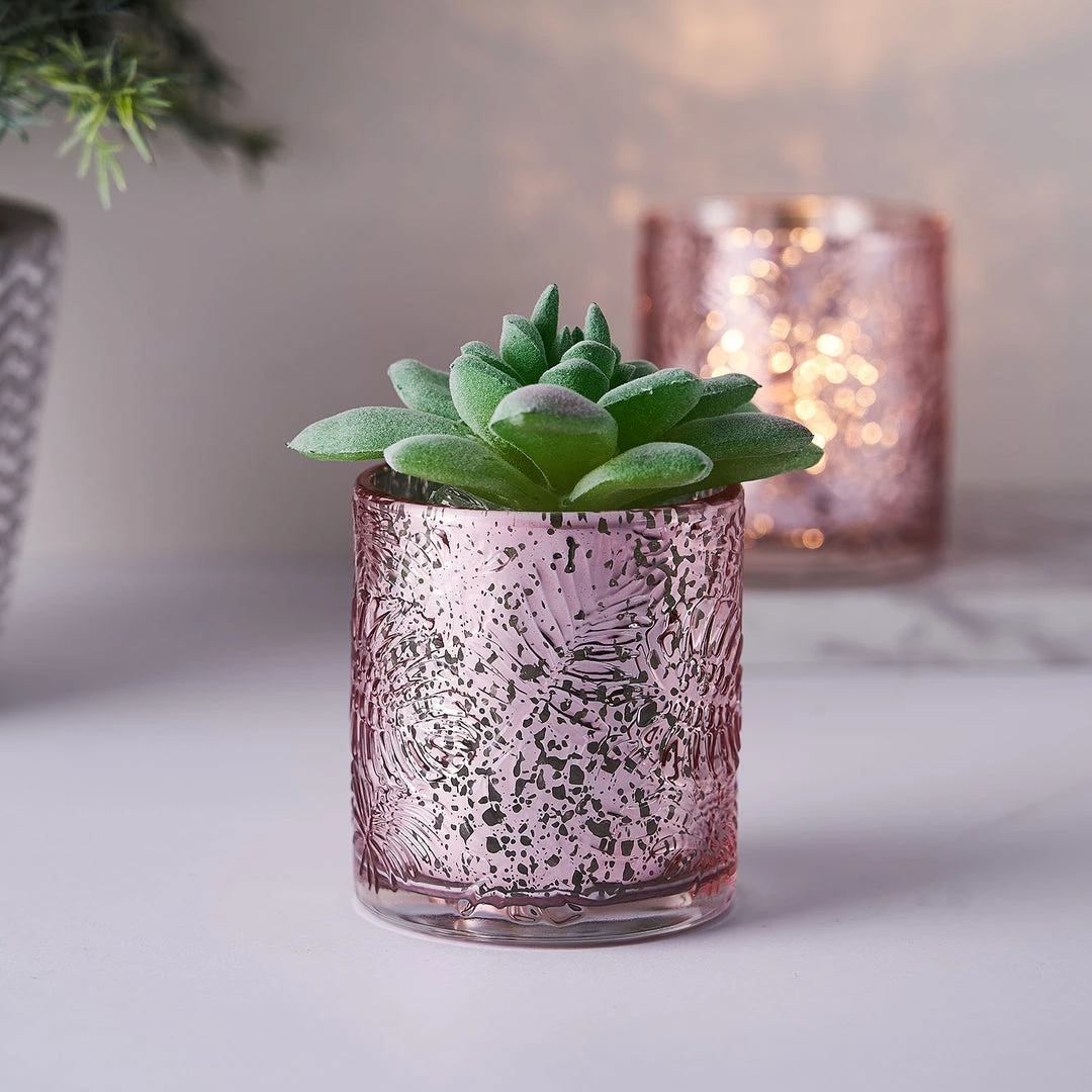 HIER_4320 6 Pack | Blush/Rose Gold Mercury Glass Candle Holders, Votive Tealight Holders With Palm Leaf Design 12 HIER_4320 6 Pack | Blush/Rose Gold Mercury Glass Candle Holders, Votive Tealight Holders With Palm Leaf Design