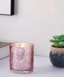 HIER_4320 6 Pack | Blush/Rose Gold Mercury Glass Candle Holders, Votive Tealight Holders With Palm Leaf Design