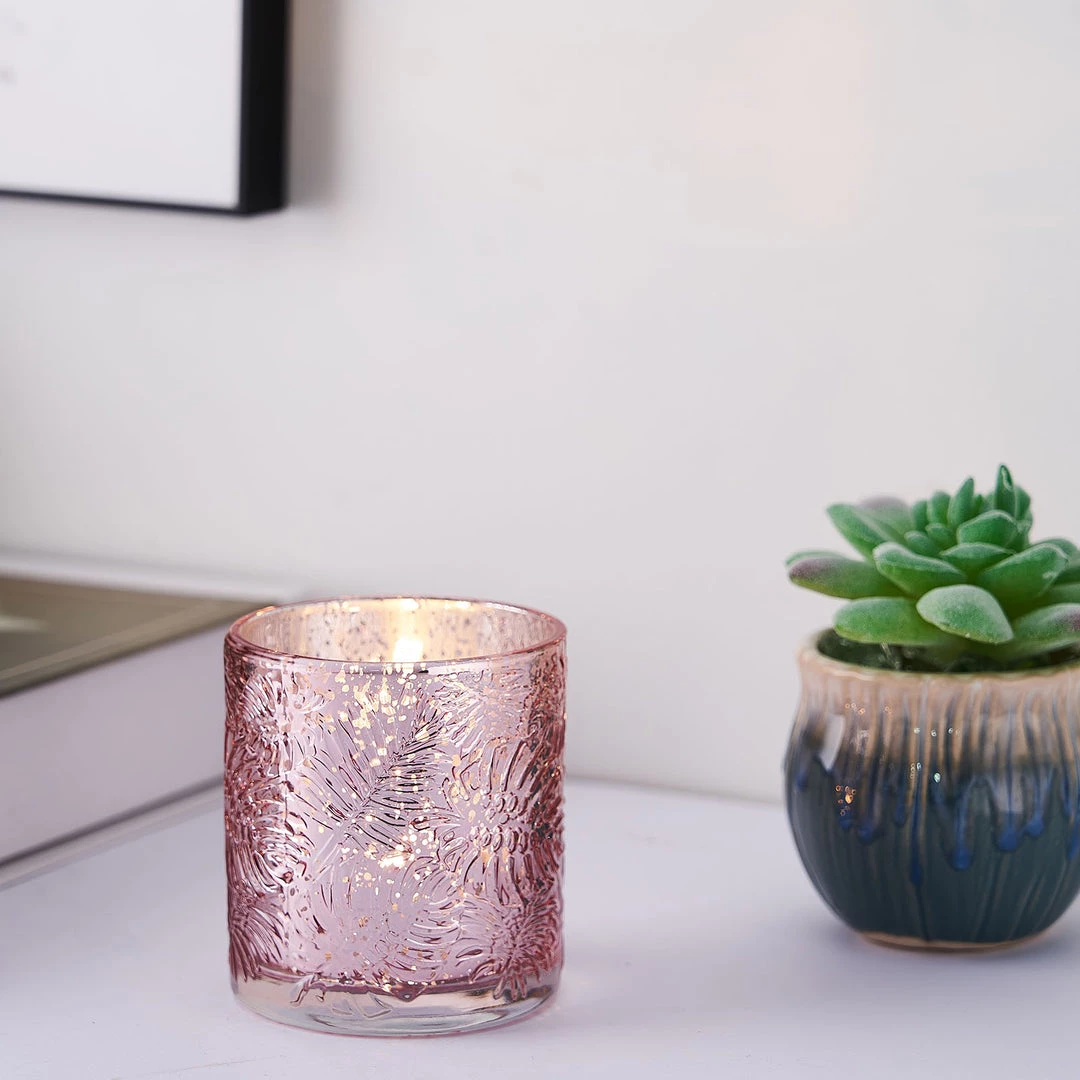 HIER_4320 6 Pack | Blush/Rose Gold Mercury Glass Candle Holders, Votive Tealight Holders With Palm Leaf Design 2 HIER_4320 6 Pack | Blush/Rose Gold Mercury Glass Candle Holders, Votive Tealight Holders With Palm Leaf Design