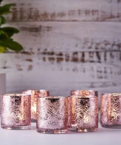 HIER_4320 6 Pack | Blush/Rose Gold Mercury Glass Candle Holders, Votive Tealight Holders With Palm Leaf Design 18 HIER_4320 6 Pack | Blush/Rose Gold Mercury Glass Candle Holders, Votive Tealight Holders With Palm Leaf Design