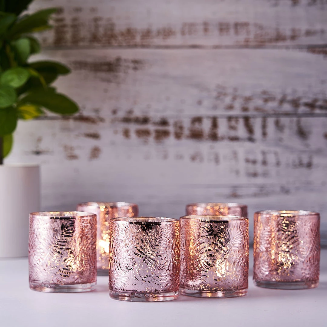 HIER_4320 6 Pack | Blush/Rose Gold Mercury Glass Candle Holders, Votive Tealight Holders With Palm Leaf Design 6 HIER_4320 6 Pack | Blush/Rose Gold Mercury Glass Candle Holders, Votive Tealight Holders With Palm Leaf Design