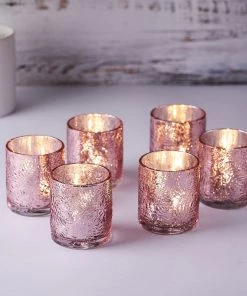 HIER_4320 6 Pack | Blush/Rose Gold Mercury Glass Candle Holders, Votive Tealight Holders With Palm Leaf Design