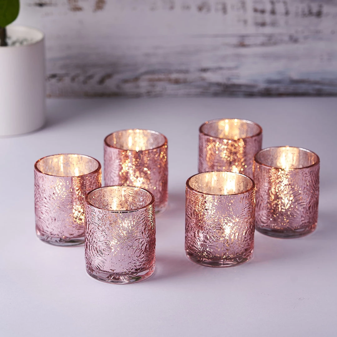 HIER_4320 6 Pack | Blush/Rose Gold Mercury Glass Candle Holders, Votive Tealight Holders With Palm Leaf Design 1 HIER_4320 6 Pack | Blush/Rose Gold Mercury Glass Candle Holders, Votive Tealight Holders With Palm Leaf Design