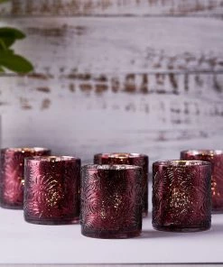 HIER_4320 6 Pack | Burgundy Mercury Glass Palm Leaf Candle Holders, Votive Tealight Holders Chargers & Centerpieces