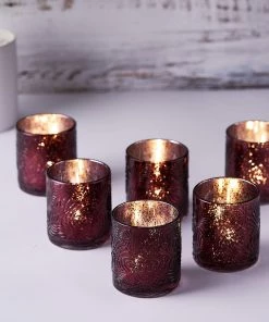 HIER_4320 6 Pack | Burgundy Mercury Glass Palm Leaf Candle Holders, Votive Tealight Holders Chargers & Centerpieces