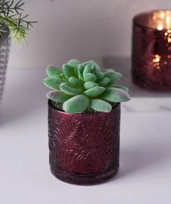 HIER_4320 6 Pack | Burgundy Mercury Glass Palm Leaf Candle Holders, Votive Tealight Holders Chargers & Centerpieces