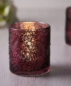 HIER_4320 6 Pack | Burgundy Mercury Glass Palm Leaf Candle Holders, Votive Tealight Holders Chargers & Centerpieces