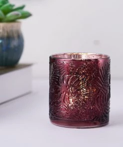 HIER_4320 6 Pack | Burgundy Mercury Glass Palm Leaf Candle Holders, Votive Tealight Holders Chargers & Centerpieces