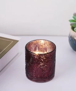 HIER_4320 6 Pack | Burgundy Mercury Glass Palm Leaf Candle Holders, Votive Tealight Holders Chargers & Centerpieces