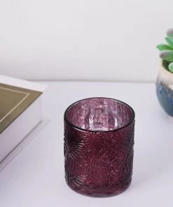 HIER_4320 6 Pack | Burgundy Mercury Glass Palm Leaf Candle Holders, Votive Tealight Holders Chargers & Centerpieces