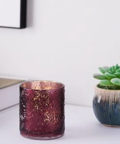 HIER_4320 6 Pack | Burgundy Mercury Glass Palm Leaf Candle Holders, Votive Tealight Holders Chargers & Centerpieces