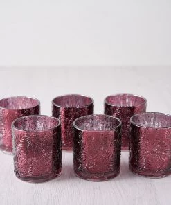 HIER_4320 6 Pack | Burgundy Mercury Glass Palm Leaf Candle Holders, Votive Tealight Holders Chargers & Centerpieces
