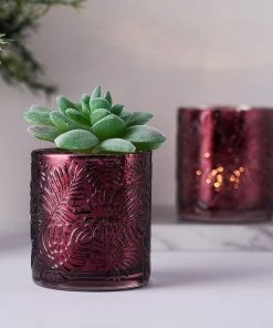 HIER_4320 6 Pack | Burgundy Mercury Glass Palm Leaf Candle Holders, Votive Tealight Holders Chargers & Centerpieces