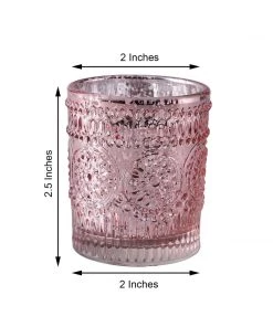 HIER_4320 6 Pack | Blush/Rose Gold Mercury Glass Candle Holders, Votive Tealight Holders With Primrose Design