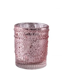 HIER_4320 6 Pack | Blush/Rose Gold Mercury Glass Candle Holders, Votive Tealight Holders With Primrose Design