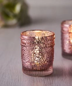 HIER_4320 6 Pack | Blush/Rose Gold Mercury Glass Candle Holders, Votive Tealight Holders With Primrose Design